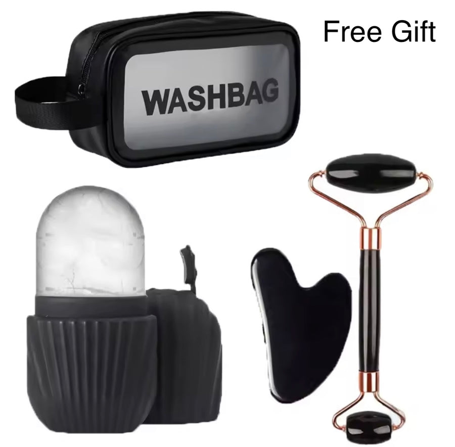 FREE GIFT 4-piece facial massage set, including roller massager, ice bead roller and Gua Sha massage tool, with a toiletry bag