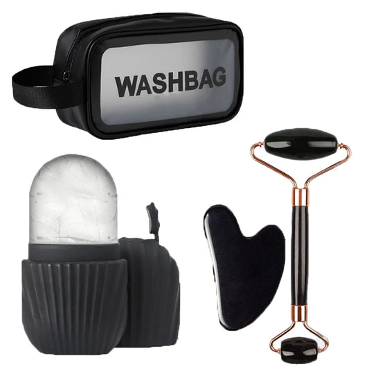 FREE GIFT 4-piece facial massage set, including roller massager, ice bead roller and Gua Sha massage tool, with a toiletry bag